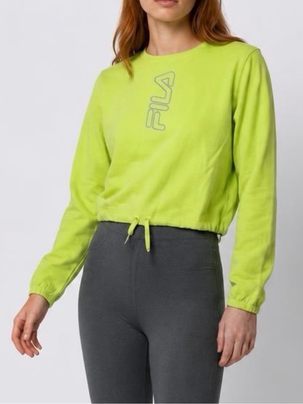 FILA Gianna Cropped Sweatshirt Women Large Neon Lime Green Drawstring Pullover